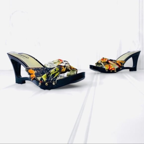 BROWNS BRAVO FLORAL WOODEN WEDGE  SUMMER MULTICOLOURED GOLD STUDS SANDALS - Picture 16 of 16